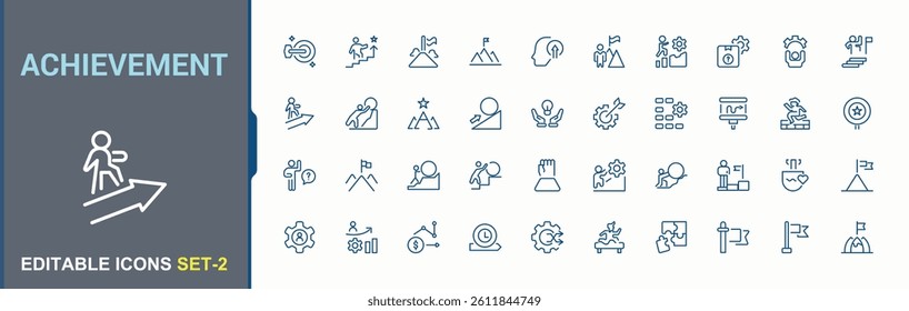 Achievement icon set. Contains outline symbols like success, strategy, work, performance, target, exam and more. Challenge icon. Minimalist icons collection. Editable stroke. Vector collection.