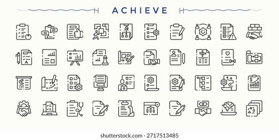 Conjunto de iconos de logros en estilo lineal. Conjunto de iconos de profesión. Iconos de interfaz de usuario delgada. Contiene información relacionada con carrera, profesión, negocios, hombre, ocupación y más. Arte vectorial e ilustración editables.