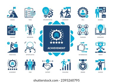 Achievement icon set. Tasks, Teamwork, Implementation, Leadership, Support, Persistence, Strategy, Success. Duotone color solid icons