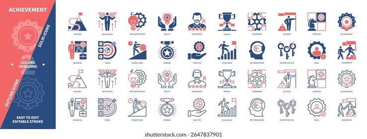 Conjunto de ícones de realizações. Tarefas, Trabalho em equipe, Implementação, Liderança, Suporte, Persistência, Estratégia, Sucesso. Ícones de contorno sólido e editável de cor duotônica