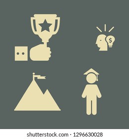 achievement icon set with trophy cup in hand, graduate and flag on top vector illustration