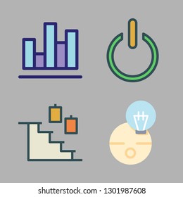 achievement icon set. vector set about idea, power, bar chart and stairs icons set.