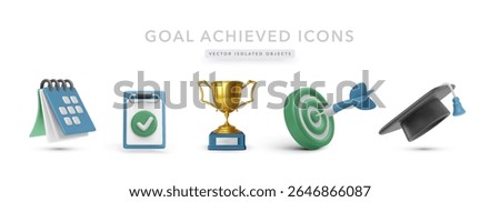 Achievement Icons Featuring Trophy, Target, Calendar, Graduation Cap, and Clipboard in Modern 3D Style. Ideal for Success and Goal Concepts in Education or Business. Vector Illustration.