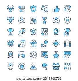 Achievement icons. Outline symbols. Vector blue line icons set