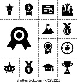 Achievement icons. set of 13 editable filled achievement icons such as graduation cap, medal, dollar award, apple target, 1st place star, ranking, flag on mountain