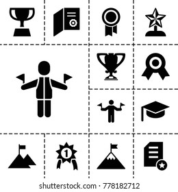 Achievement icons. set of 13 editable filled achievement icons such as man with flags, diploma, graduation hat, medal, trophy, star trophy, flag on mountain