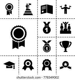 Achievement icons. set of 13 editable filled achievement icons such as man with flags, graduation cap, medal, ranking, trophy, man at the top of the mountain with flag