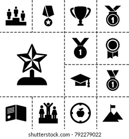 Achievement icons. set of 13 editable filled achievement icons such as graduation cap, apple target, medal, ranking, trophy, star trophy, flag on mountain, number 1 medal
