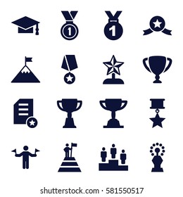 achievement icons set. Set of 16 achievement filled icons such as man with flags, graduation cap, trophy, medal, ranking, star trophy, man at the top of the mountain with flag