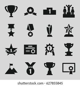 Achievement icons set. set of 16 achievement filled icons such as trophy, 1st place star, diploma, ranking, star trophy, flag on mountain, number 1 medal, medal with star