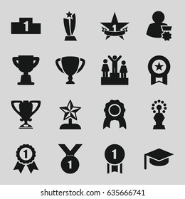 Achievement icons set. set of 16 achievement filled icons such as trophy, 1st place star, ranking, star trophy, man with medal, number 1 medal, medal