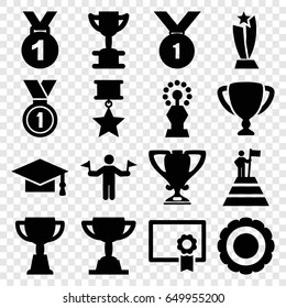 Achievement icons set. set of 16 achievement filled icons such as man with flags, graduation cap, trophy, medal, diploma, award, man at the top of the mountain with flag
