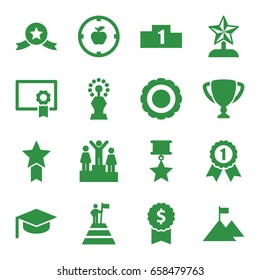 Achievement icons set. set of 16 achievement filled icons such as diploma, apple target, award, ranking, trophy, star trophy, man at the top of the mountain with flag