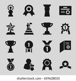 Achievement icons set. set of 16 achievement filled icons such as trophy, medal, star trophy, man with medal, man at the top of the mountain with flag