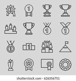 Achievement icons set. set of 16 achievement outline icons such as diploma, trophy, medal, ranking, flag on mountain, number 1 medal