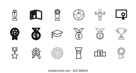 Achievement icons. set of 18 editable outline achievement icons: diploma, graduation hat, medal, ranking, trophy, number 1 medal, medal with star, man with flags, apple target