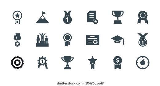 Achievement icons. set of 18 editable filled achievement icons: medal, dollar award, apple target, ranking, flag on mountain, number 1 medal, medal with star, diploma