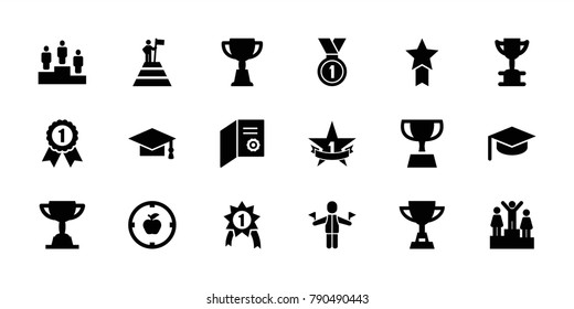 Achievement icons. set of 18 editable filled achievement icons: graduation cap, trophy, diploma, graduation hat, apple target, medal, ranking, 1st place star