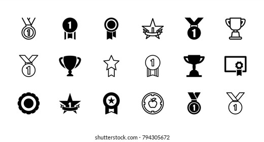 Achievement icons. set of 18 editable filled and outline achievement icons: medal, award, 1st place star, diploma, trophy, number 1 medal, apple target