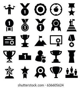 Achievement icons set. set of 25 achievement filled icons such as man with flags, medal, trophy, ranking, diploma, apple target, award, star trophy, man with medal