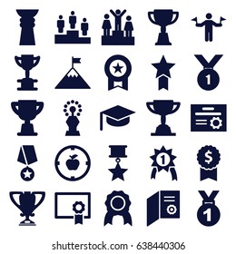 Achievement icons set. set of 25 achievement filled icons such as man with flags, trophy, ranking, diploma, apple target, flag on mountain, number 1 medal, medal with star