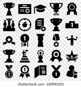 Achievement icons set. set of 25 achievement filled icons such as man with flags, trophy, medal, 1st place star, apple target, ranking, man with medal, diploma