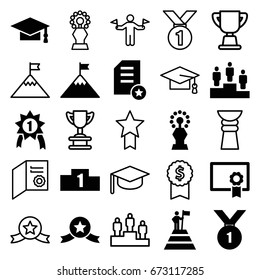 Achievement icons set. set of 25 achievement filled and outline icons such as graduation cap, ranking, diploma, trophy, man at the top of the mountain with flag