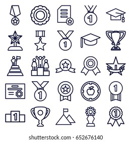 Achievement icons set. set of 25 achievement outline icons such as graduation cap, trophy, 1st place star, medal, ranking, star trophy