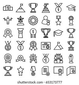 Achievement icons set. set of 36 achievement outline icons such as man with flags, graduation cap, trophy, diploma, medal, ranking, star trophy, man with medal