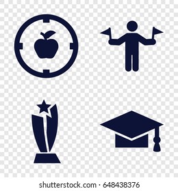 Achievement icons set. set of 4 achievement filled icons such as man with flags, graduation cap, apple target