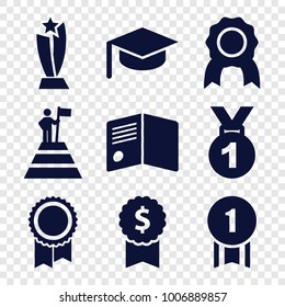 Achievement icons. set of 9 editable filled achievement icons such as medal, dollar award, graduation hat, trophy, man at the top of the mountain with flag, number 1 medal