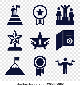 Achievement icons. set of 9 editable filled achievement icons such as man with flags, diploma, 1st place star, ranking, star trophy, man at the top of the mountain with flag