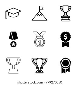 Achievement icons. set of 9 editable filled and outline achievement icons such as dollar award, medal with star, trophy, graduation hat, flag on mountain