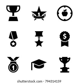 Achievement icons. set of 9 editable filled achievement icons such as trophy, dollar award, graduation hat, apple target, 1st place star, medal with star