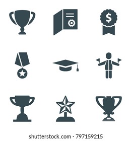 Achievement icons. set of 9 editable filled achievement icons such as diploma, dollar award, trophy, star trophy, medal with star, man with flags