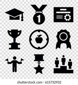 Achievement icons set. set of 9 achievement filled icons such as man with flags, graduation cap, ranking, apple target, medal with star, diploma, trophy