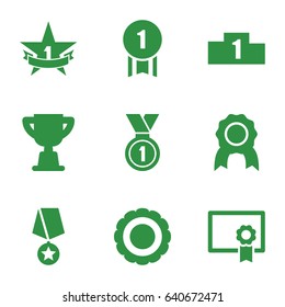 Achievement icons set. set of 9 achievement filled icons such as medal, 1st place star, diploma, trophy, award, ranking, number 1 medal