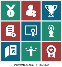 Achievement icons set. set of 9 achievement filled icons such as man with flags, trophy, diploma, man with medal, number 1 medal