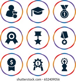 Achievement icons set. set of 9 achievement filled icons such as medal, trophy, man with medal, dollar award