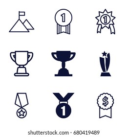 Achievement icons set. set of 9 achievement filled and outline icons such as trophy, flag on mountain, number 1 medal, medal with star, medal