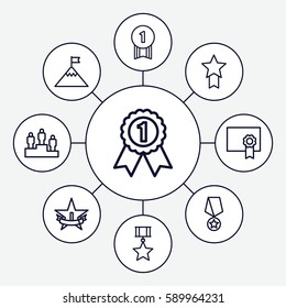 achievement icons set. Set of 9 achievement outline icons such as diploma, ranking, 1st place star, flag on mountain, number 1 medal