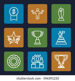 achievement icons set. Set of 9 achievement outline icons such as man with flags, trophy, 1st place star, ranking, man at the top of the mountain with flag, dollar award