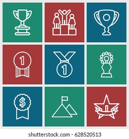 Achievement icons set. set of 9 achievement outline icons such as 1st place star, ranking, trophy, flag on mountain, number 1 medal, dollar award