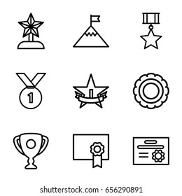 Achievement icons set. set of 9 achievement outline icons such as diploma, 1st place star, trophy, star trophy, flag on mountain, number 1 medal, medal with star