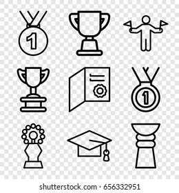 Achievement icons set. set of 9 achievement outline icons such as man with flags, graduation cap, trophy, medal
