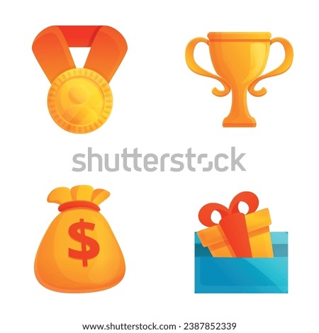 Achievement icons set cartoon vector. Award, trophy cup, gold medal and money bag. Loyalty program, marketing