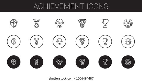 achievement icons set. Collection of achievement with shield, medal, student, trophy, dart board. Editable and scalable achievement icons.