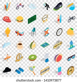 Achievement icons set. Isometric style of 36 achievement vector icons for web for any design