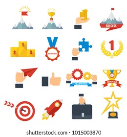 Achievement icons set. Signs and symbols of success, victory in competition. Business award and sports prize. Flat vector cartoon illustration. Objects isolated on white background.