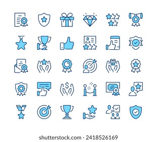 Achievement icons set. Vector line icons. Blue color outline stroke symbols. Modern concepts